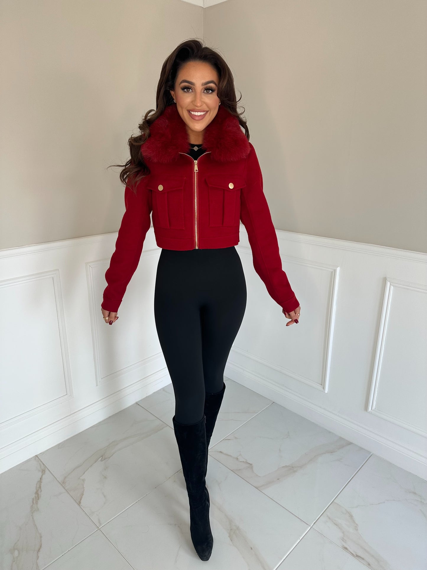 Short Luxury cashmere and fur jacket CHERRY RED NEXT DAY DELIVERY