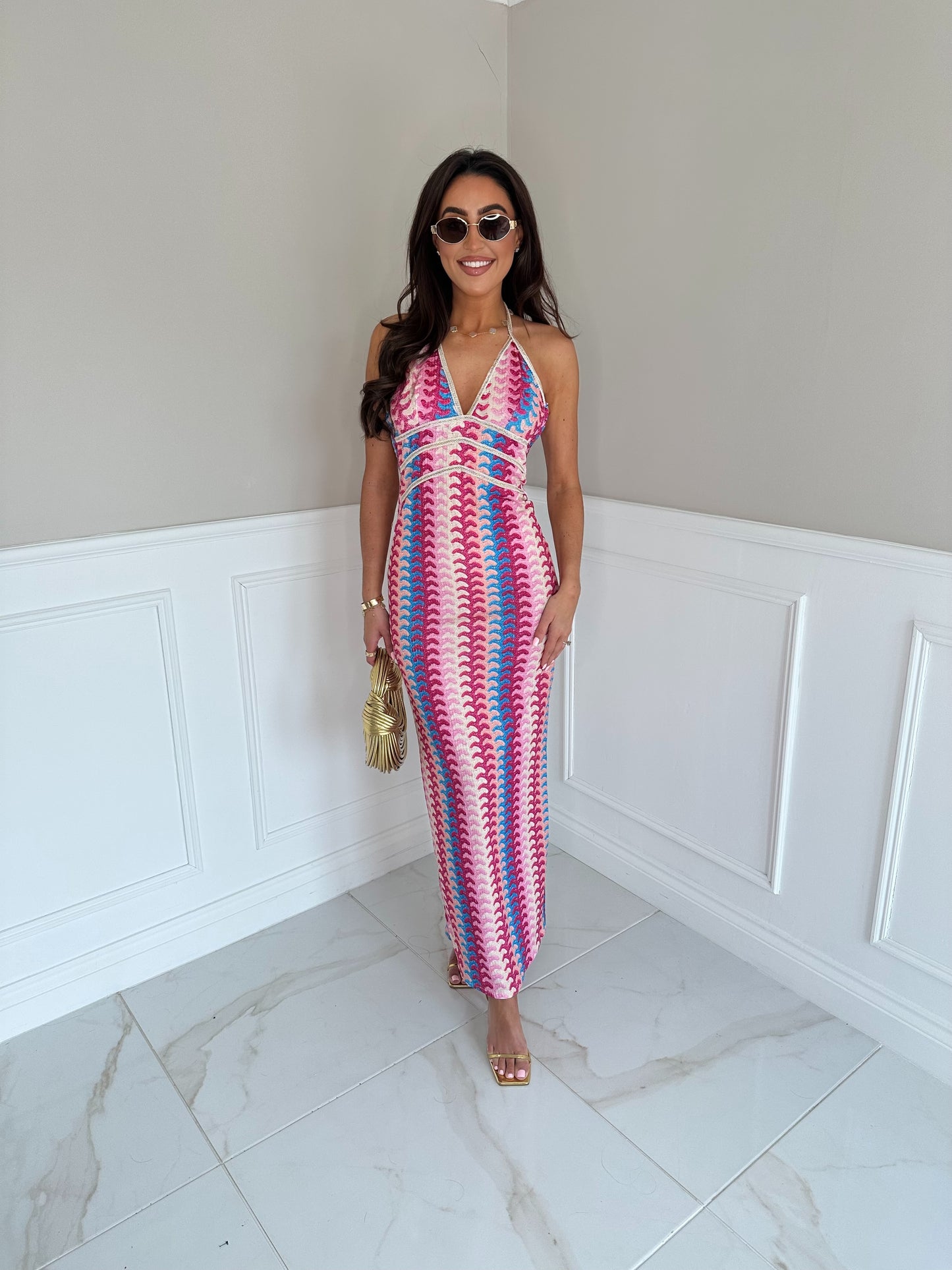 Zig zag gold trim midi dress