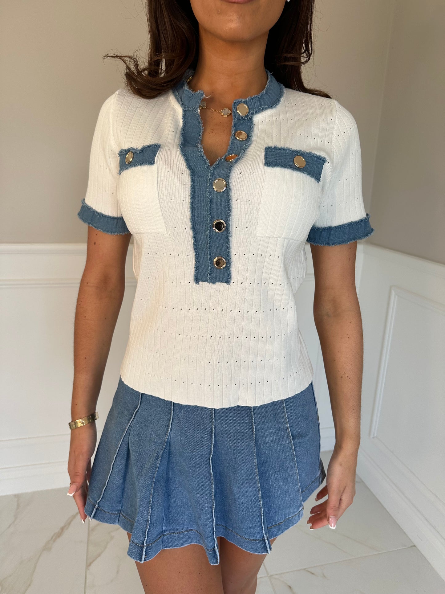 Denim trim gold button top