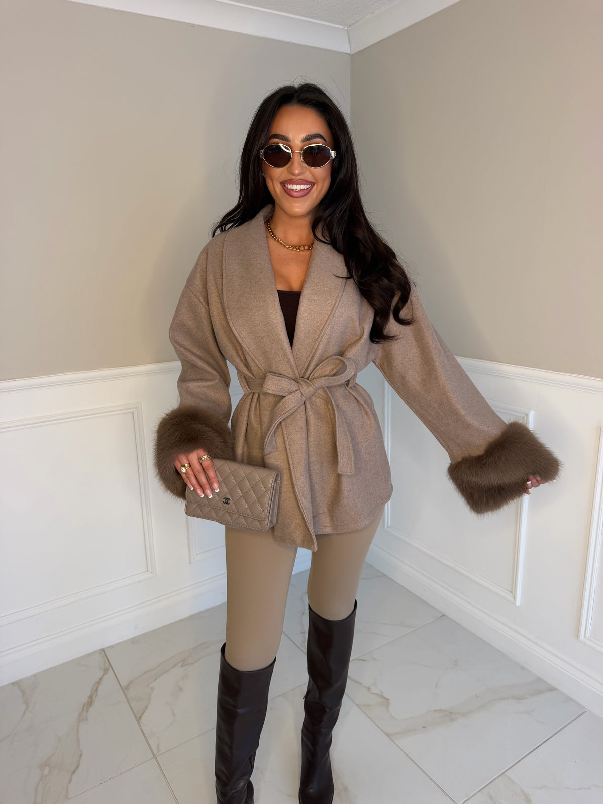 Soft wrap around belted faux fur coat