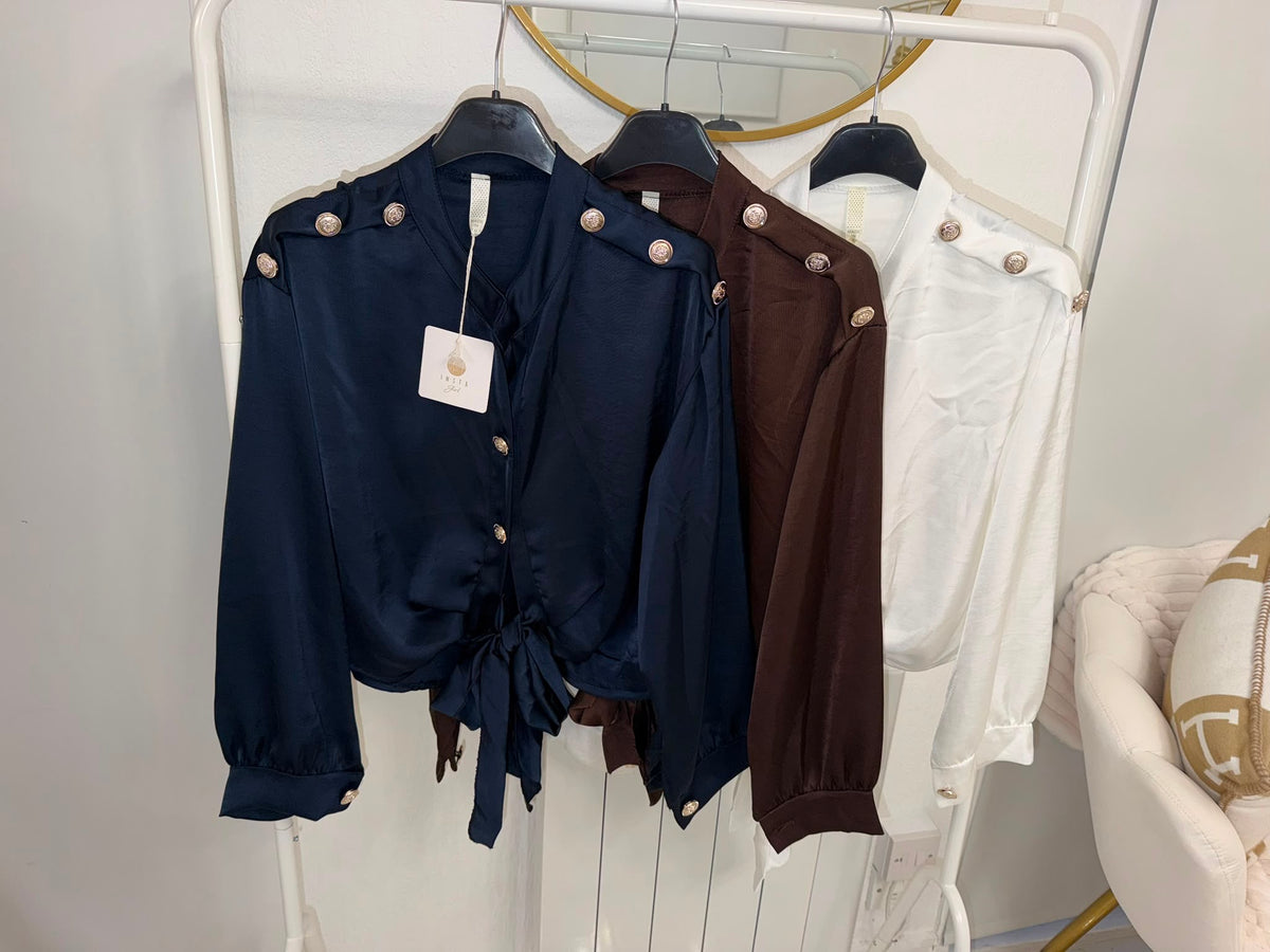 Satin touch gold button bow blouse