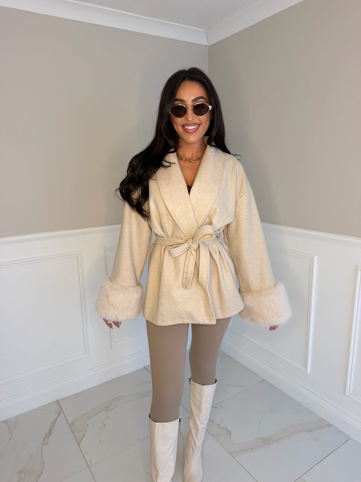 Soft wrap around belted faux fur coat