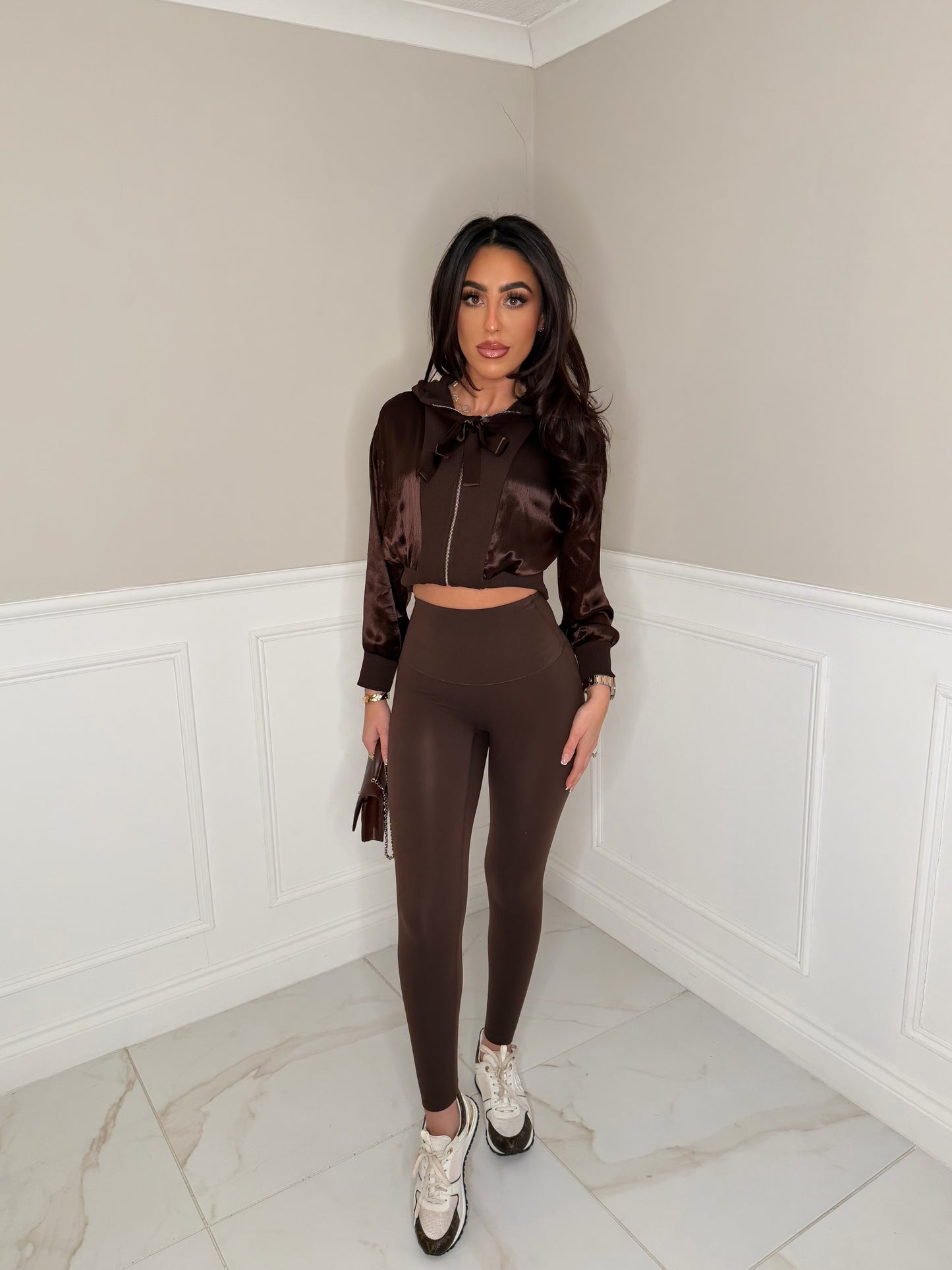 Luxury Brown silk jacket & sculpting legging set