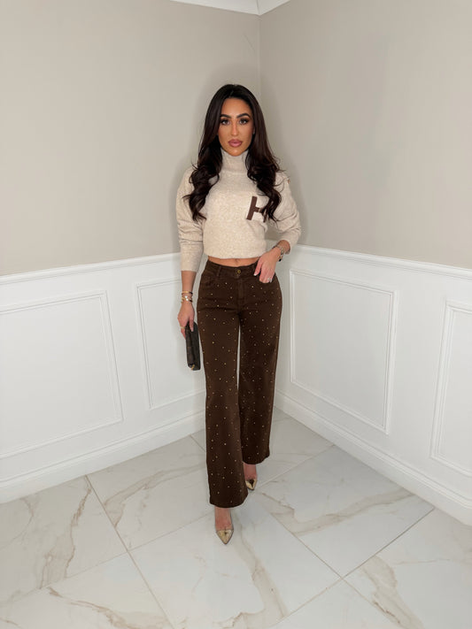 High waisted gold detail brown jeans