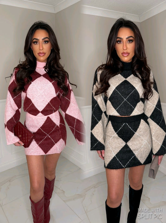 Diamond check knitted skirt co ord ￼
