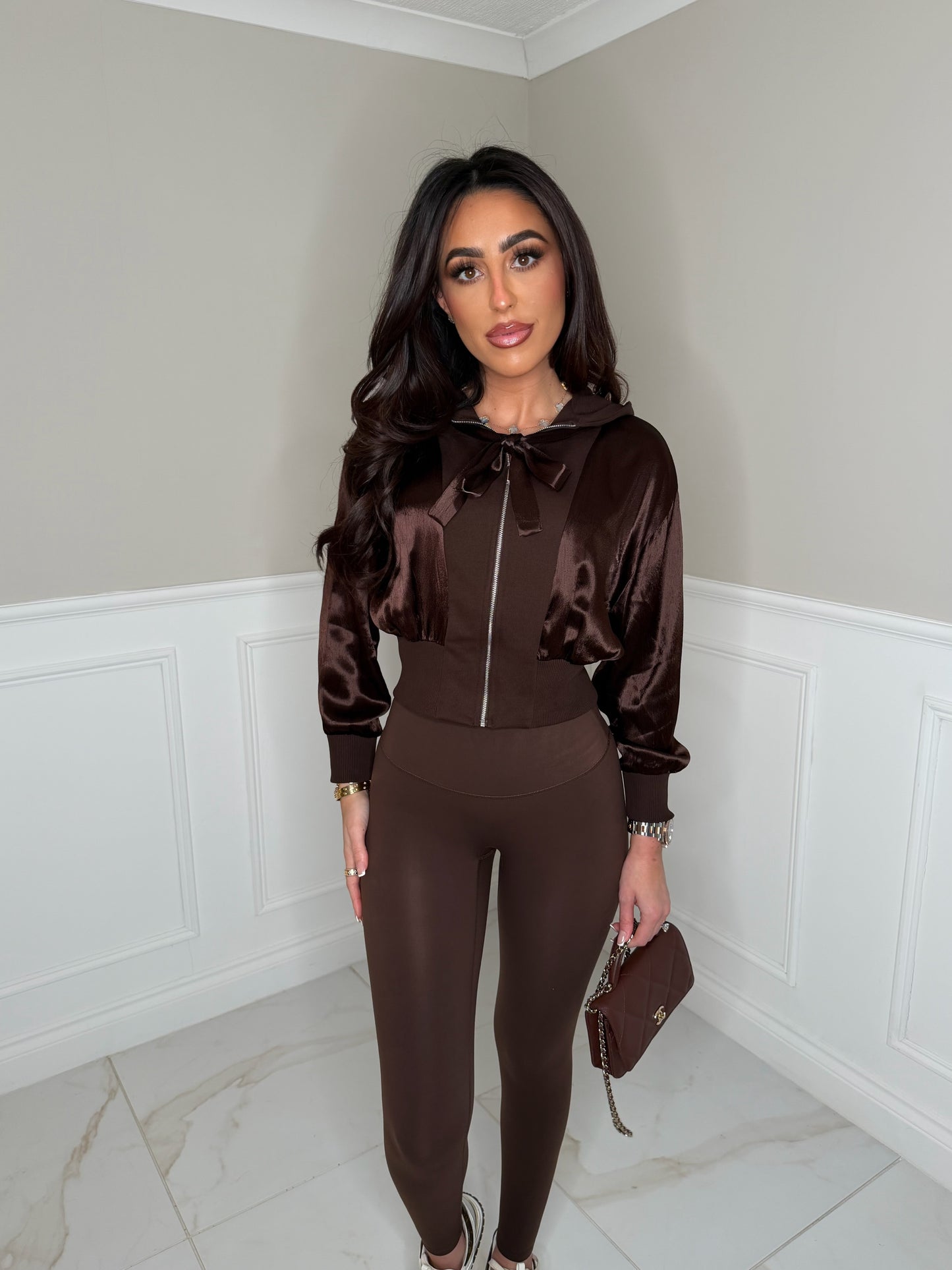 Luxury Brown silk jacket & sculpting legging set