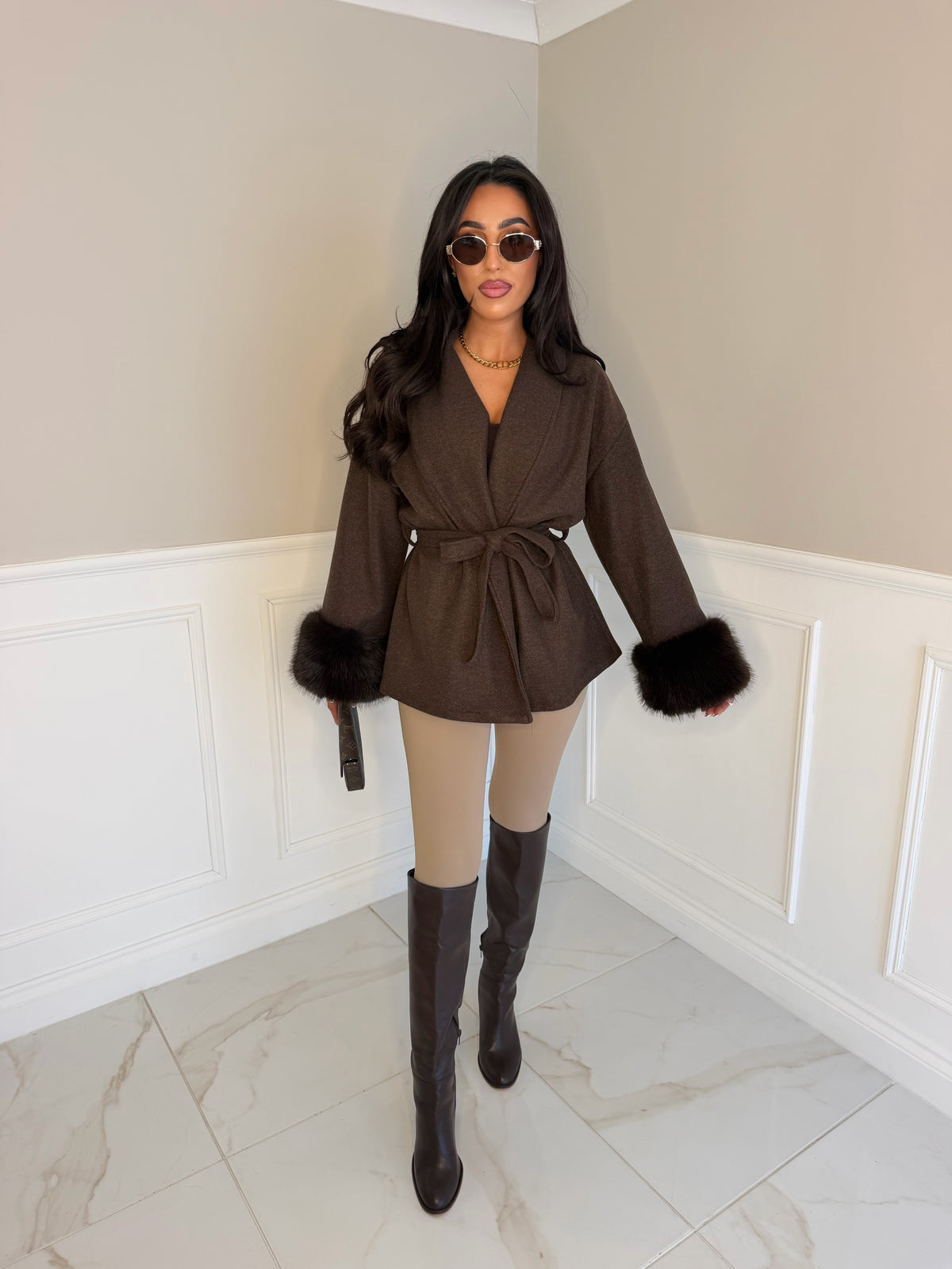 Soft wrap around belted faux fur coat