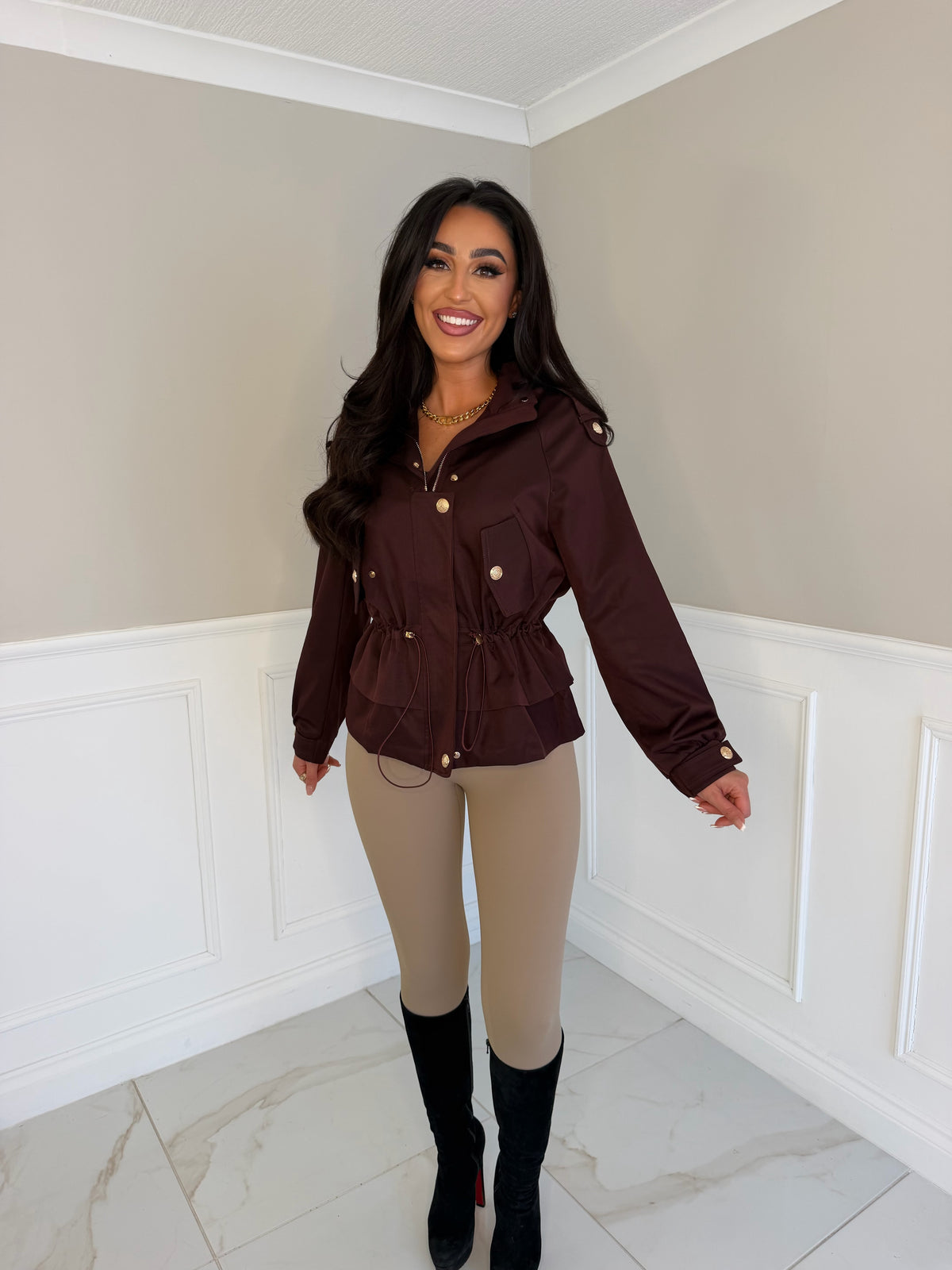 Gold button pull string Parker jacket