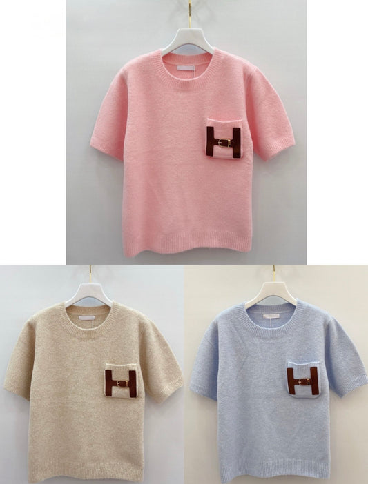 Luxury H Buckle soft knitted short sleeve  jumper with gold detail