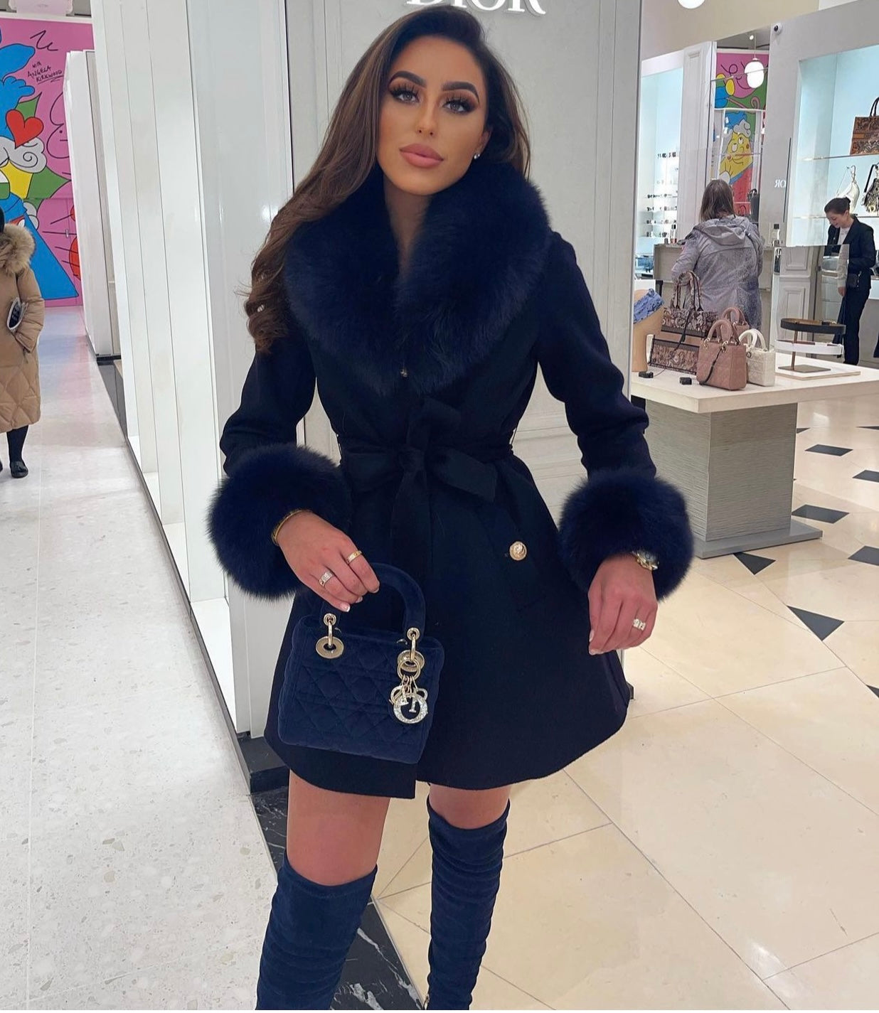 Luxury cashmere & fur coat NAVY