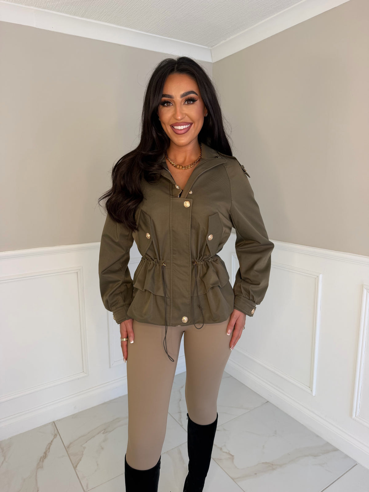 Gold button pull string Parker jacket
