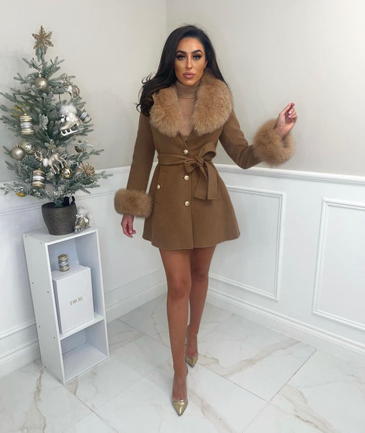 Luxury Cashmere and Fur coat CAMEL NEXT DAY DELIVERY